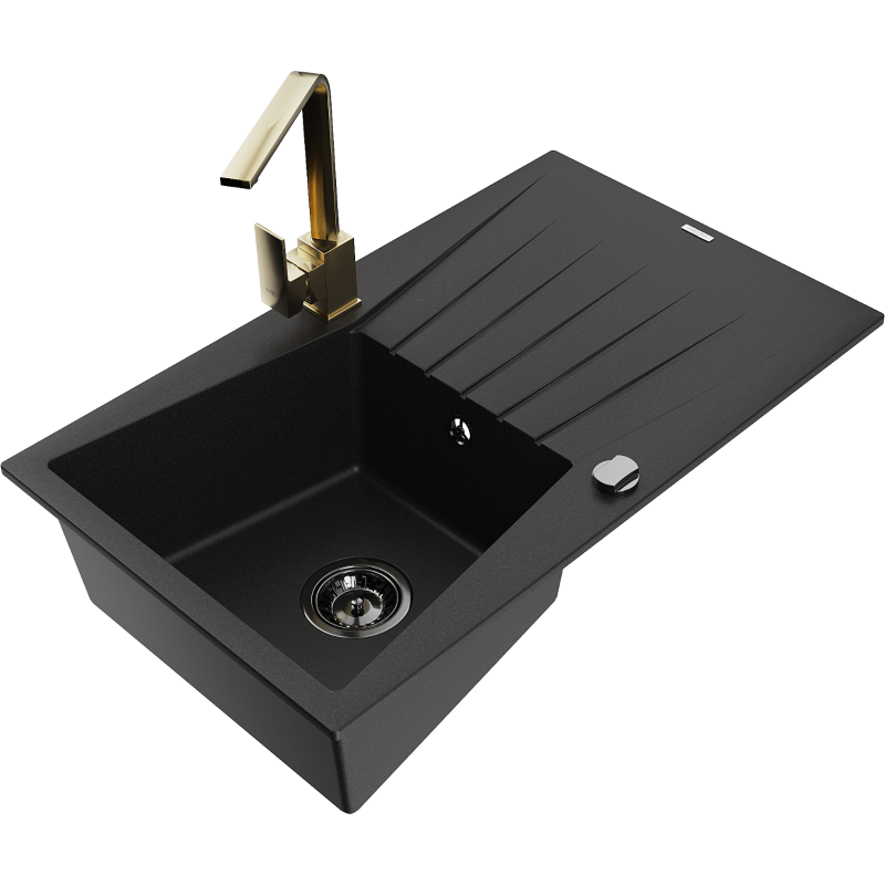 Mexen Cesar granitdiskho med 1 fack med avrinningsboard och köksblandare Rita, svart - 6514-77-670300-50-B