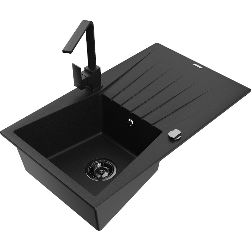 Mexen Cesar fregadero de granito 1 senos con escurridor y grifo de cocina Rita, negro - 6514-77-670300-70-B