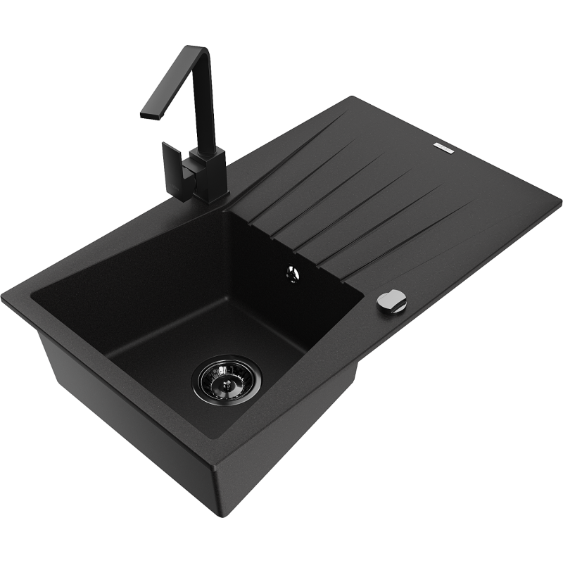 Mexen Cesar granitdiskho med 1 fack, avrinningsyta och köksblandare Rita, svart - 6514-77-670300-70-B