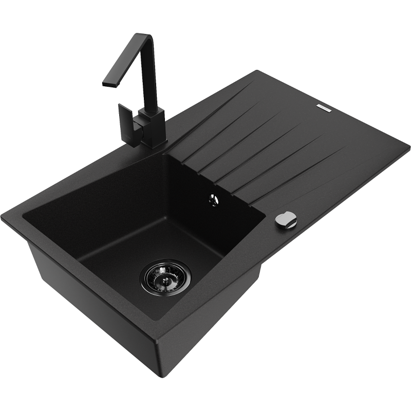 Mexen Cesar granite sink 1-bowl with drainer and Rita kitchen tap, black - 6514-77-670300-70-B
