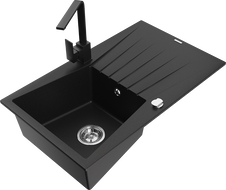Mexen Cesar granite sink 1-bowl with drainer and Rita kitchen tap, black - 6514-77-670300-70