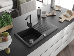 Mexen Cesar granite sink 1-bowl with drainer and Rita kitchen tap, black - 6514-77-670300-70