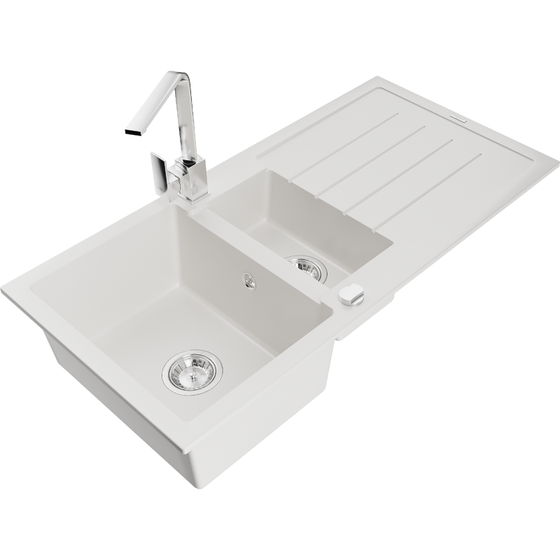 Mexen Andres 1.5-bowl granite sink with drainer and Rita kitchen tap, white - 6515-20-670300-00