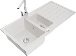 Mexen Andres 1.5-bowl granite sink with drainer and Rita kitchen tap, white - 6515-20-670300-00
