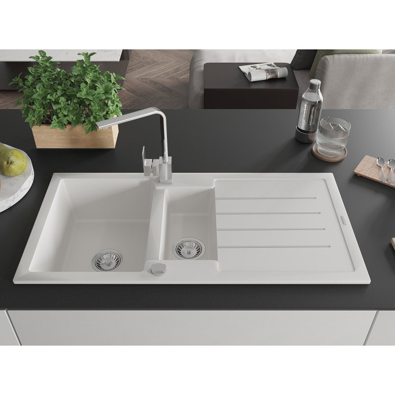 Mexen Andres 1.5-bowl granite sink with drainer and Rita kitchen tap, white - 6515-20-670300-00