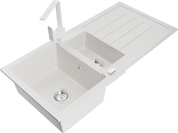 Mexen Andres granite sink 1.5-bowl with drainer and Rita kitchen tap, white - 6515-20-670300-20