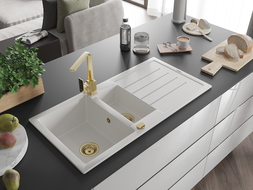 Mexen Andres granite sink 1.5-bowl with drainer and Rita kitchen tap, white - 6515-20-670300-50