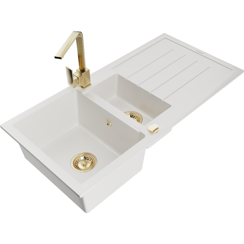 Mexen Andres granite sink 1.5-bowl with drainer and Rita kitchen tap, white - 6515-20-670300-50