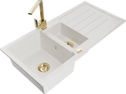 Mexen Andres granite sink 1.5-bowl with drainer and Rita kitchen tap, white - 6515-20-670300-50