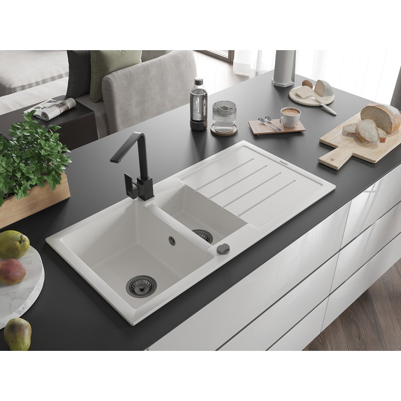 Mexen Andres fregadero de granito con 1,5 senos con escurridor y grifo de cocina Rita, blanco - 6515-20-670300-70