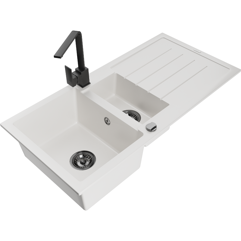 Mexen Andres fregadero de granito de 1,5 senos con escurridor y grifo de cocina Rita, blanco - 6515-20-670300-70