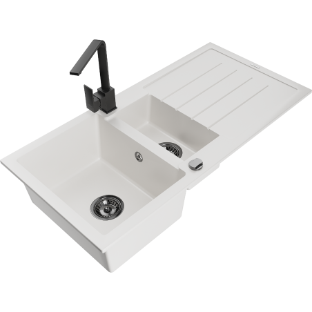 Mexen Andres granite sink 1.5-bowl with drainer and Rita kitchen tap, white - 6515-20-670300-70