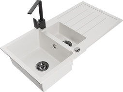 Mexen Andres granite sink 1.5-bowl with drainer and Rita kitchen tap, white - 6515-20-670300-70