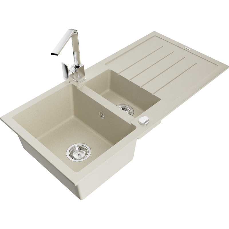 Mexen Andres Granitspüle 1,5-beckig mit Abtropffläche und Küchenarmatur Rita, beige - 6515-69-670300-00