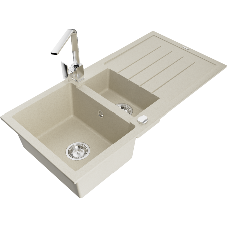 Mexen Andres évier en granit 1,5 bac avec égouttoir et robinet de cuisine Rita, beige - 6515-69-670300-00