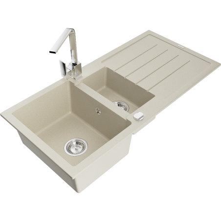 Mexen Andres Granitspüle 1,5-beckig mit Abtropffläche und Küchenarmatur Rita, beige - 6515-69-670300-00
