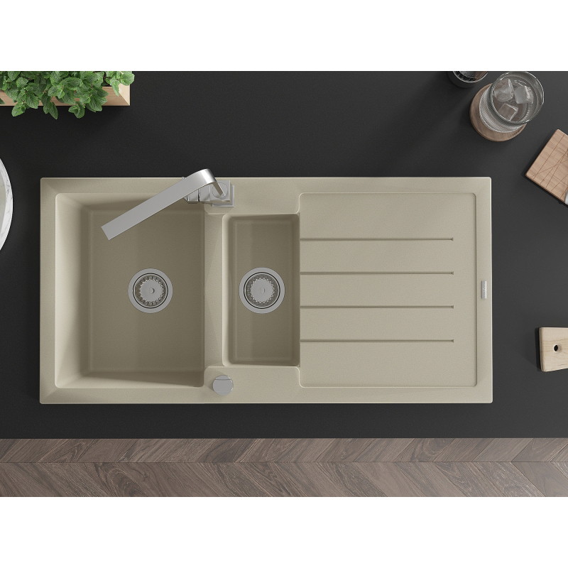 Mexen Andres Granitspüle 1,5-Becken mit Abtropffläche und Küchenarmatur Rita, beige - 6515-69-670300-00