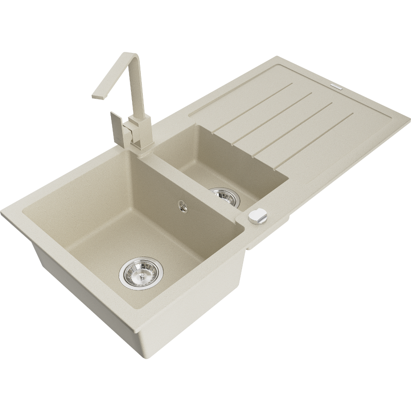 Mexen Andres granite sink 1.5-bowl with drainer and kitchen tap Rita, beige - 6515-69-670300-69