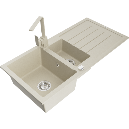 Mexen Andres fregadero de granito de 1,5 senos con escurridor y grifo de cocina Rita, beige - 6515-69-670300-69