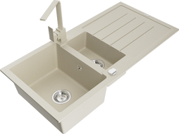 Mexen Andres granite sink 1.5-bowl with drainer and Rita kitchen faucet, beige - 6515-69-670300-69