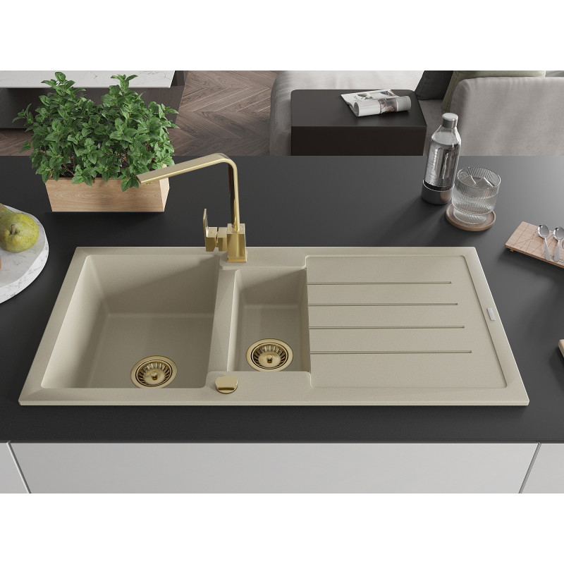 Mexen Andres 1,5-kamer granieten spoelbak met afdruiprek en keukenmengkraan Rita, beige - 6515-69-670300-50