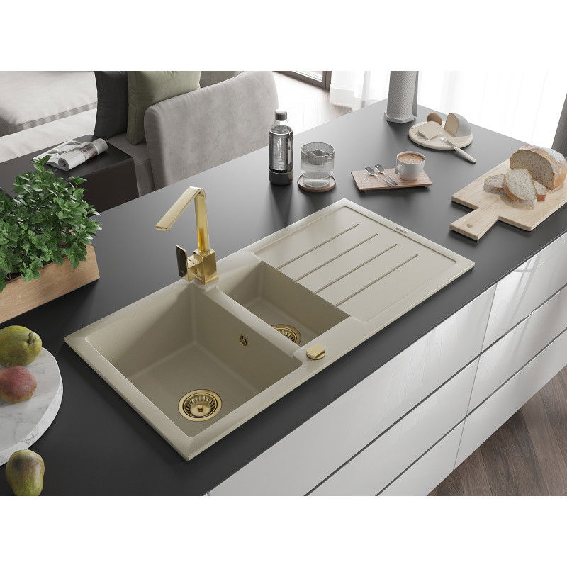 Mexen Andres lavello in granito da 1,5 vasche con scolapiatti e rubinetto da cucina Rita, beige - 6515-69-670300-50