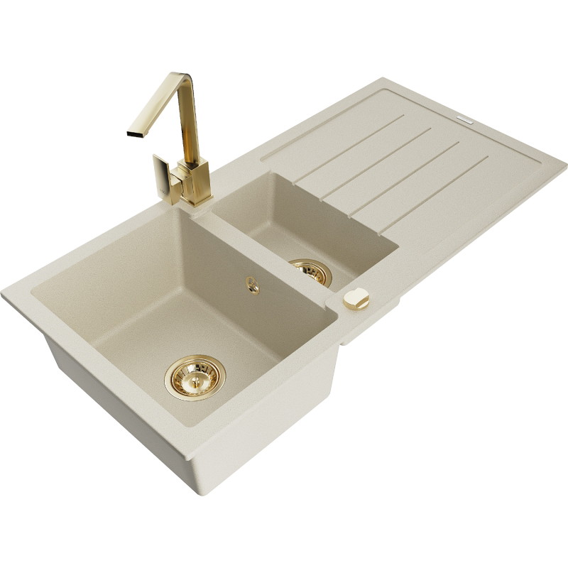 Mexen Andres granit gootsteen 1,5-weg met afdruiprek en keukenkraan Rita, beige - 6515-69-670300-50