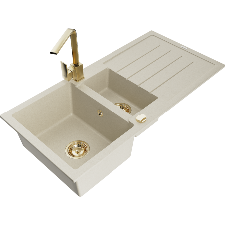 Mexen Andres évier en granit 1,5 bac avec égouttoir et robinet de cuisine Rita, beige - 6515-69-670300-50