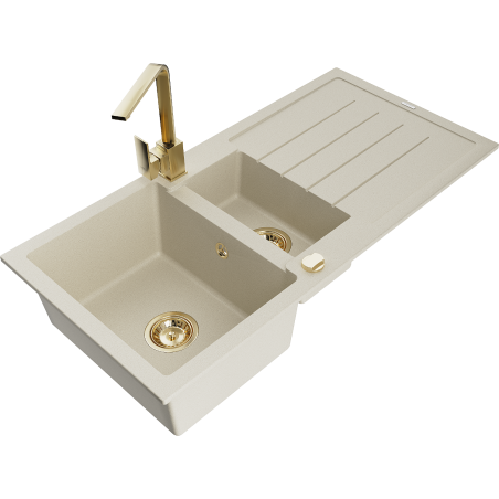 Mexen Andres lavello in granito da 1,5 vasche con scolapiatti e rubinetto da cucina Rita, beige - 6515-69-670300-50