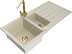 Mexen Andres Granitspüle 1,5-beckig mit Abtropffläche und Küchenarmatur Rita, beige - 6515-69-670300-50
