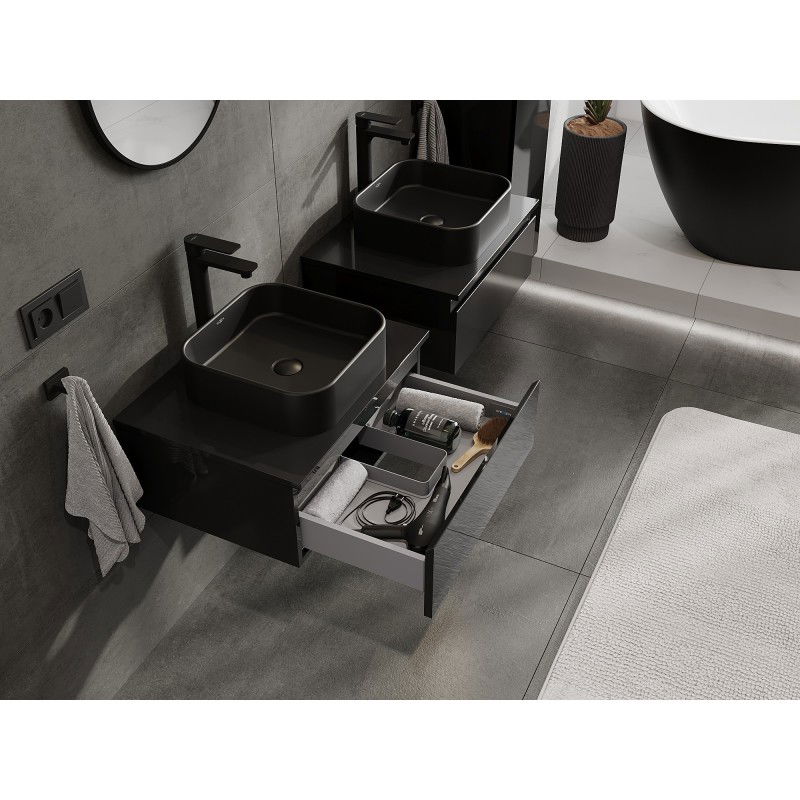 Mexen Orio Badezimmerschrank für Waschbecken 60 cm mit Arbeitsplatte, 1 Schublade, schwarzer Glanz - 91A10-06023-1-BFC70