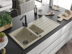 Mexen Andres Granitspüle 1,5-Becken mit Abtropffläche und Küchenarmatur Rita, beige - 6515-69-670300-70