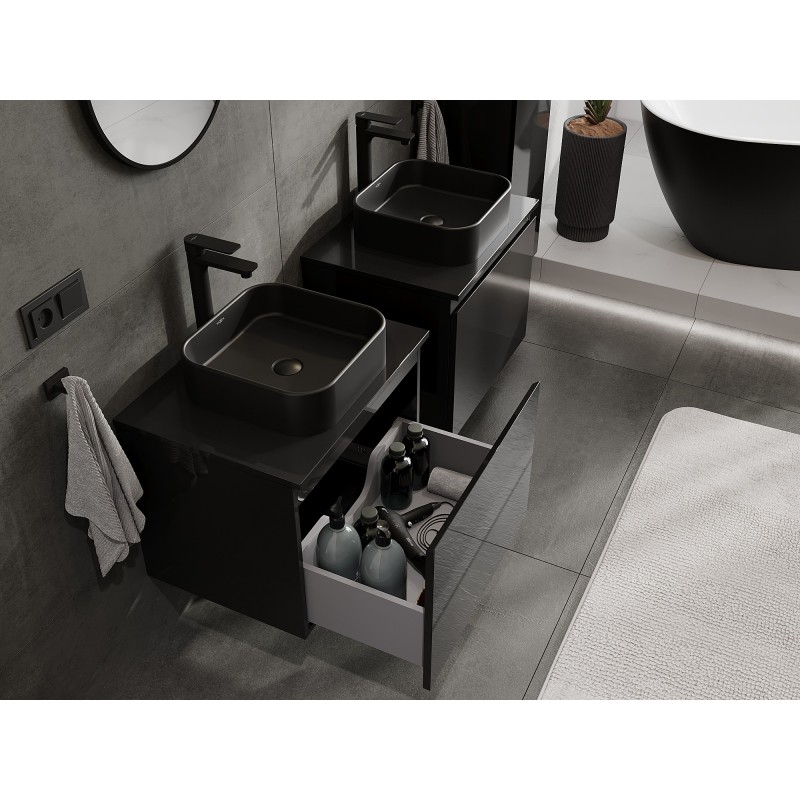 Mexen Orio armário de casa de banho para lavatório 60 cm com bancada, 1 gaveta, preto brilhante - 91A10-06047-1-BFC70