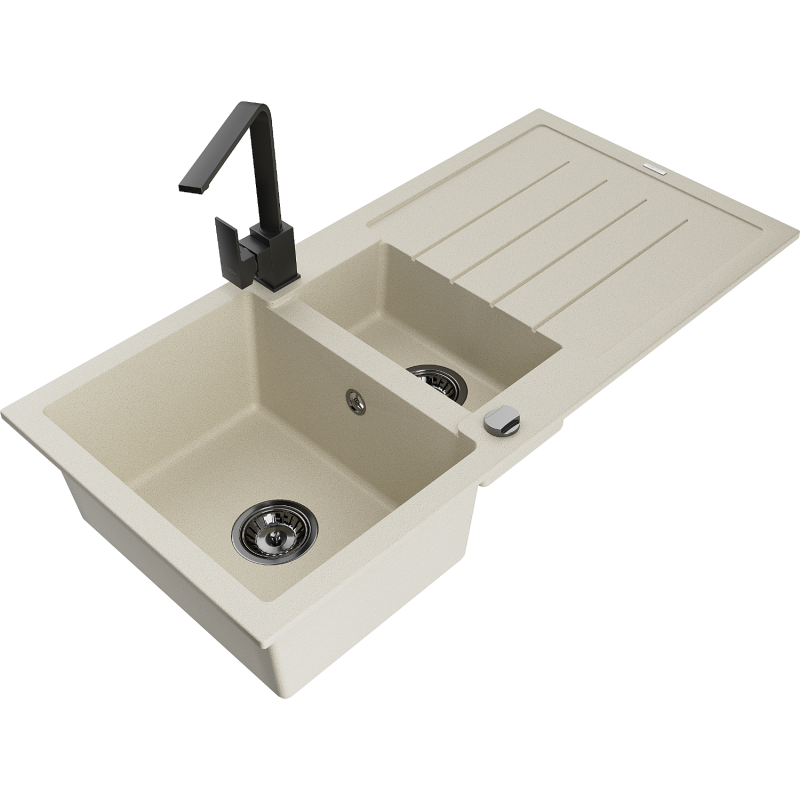 Mexen Andres granieten gootsteen 1,5-komorige met afdruiprek en keukenkraan Rita, beige - 6515-69-670300-70