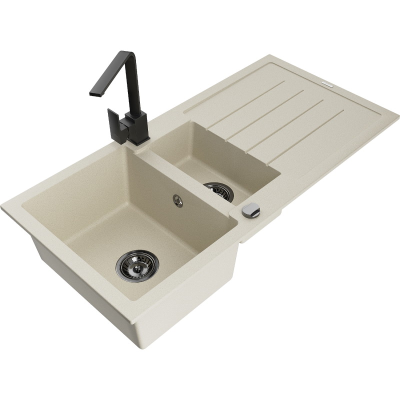 Mexen Andres lavello in granito 1,5 vasche con scolapiatti e miscelatore da cucina Rita, beige - 6515-69-670300-70