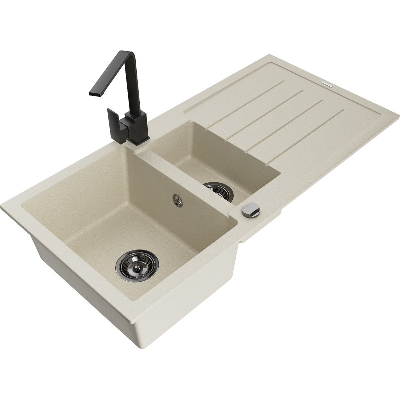 Mexen Andres lavello in granito 1,5 vasche con scolapiatti e rubinetto da cucina Rita, beige - 6515-69-670300-70