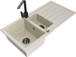 Mexen Andres granite sink 1.5-bowl with drainer and Rita kitchen faucet, beige - 6515-69-670300-70