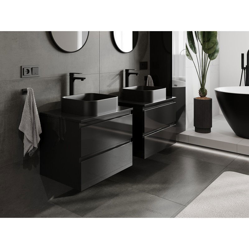 Mexen Orio bathroom cabinet under sink 60 cm with top, 2 drawers, black gloss - 91A10-06047-2-BFFC70