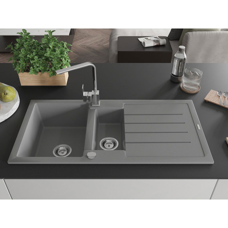 Mexen Andres granite sink 1.5-bowl with drainer and Rita kitchen tap, grey - 6515-71-670300-00