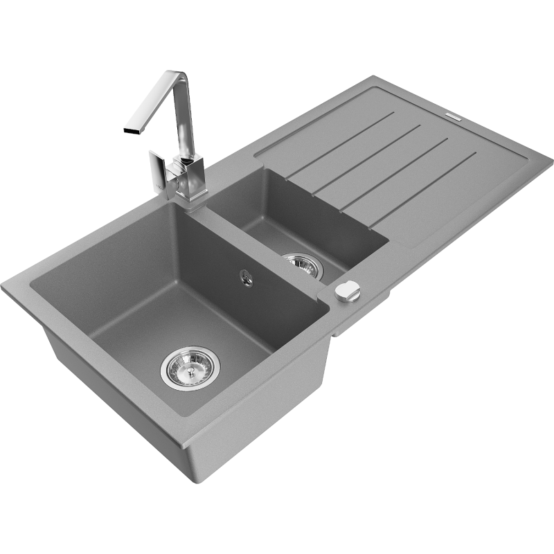 Mexen Andres fregadero de granito de 1,5 senos con escurridor y grifo de cocina Rita, gris - 6515-71-670300-00
