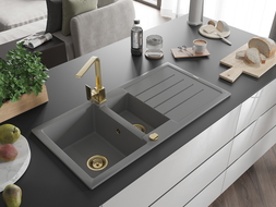 Mexen Andres granite sink 1.5-bowl with drainer and Rita kitchen tap, grey - 6515-71-670300-50