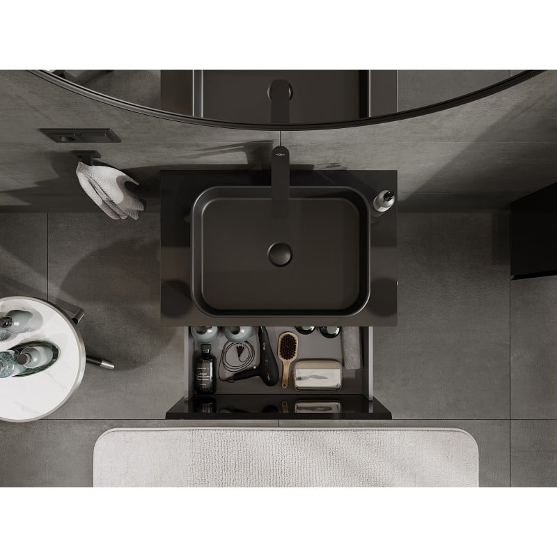 Mexen Orio Badezimmerschrank 70 cm mit Arbeitsplatte, 1 Schublade, schwarz glänzend - 91A10-07047-1-BFC70