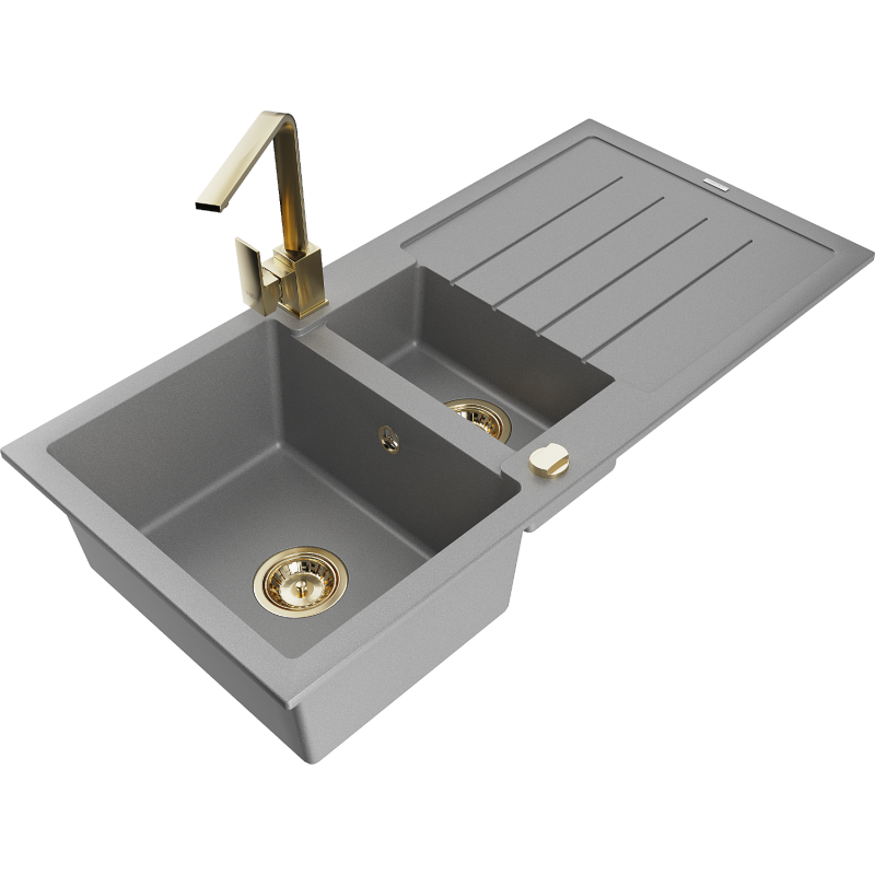 Mexen Andres Granitspüle 1,5-Becken mit Abtropffläche und Küchenarmatur Rita, grau - 6515-71-670300-50