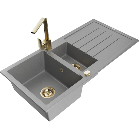 Mexen Andres granite sink 1.5-bowl with drainer and kitchen faucet Rita, gray - 6515-71-670300-50
