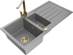 Mexen Andres granite sink 1.5-bowl with drainer and kitchen faucet Rita, gray - 6515-71-670300-50