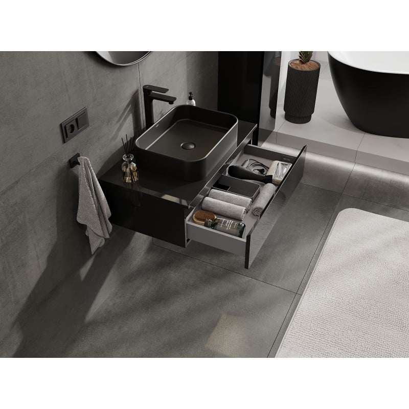 Mexen Orio 80 cm Badezimmerschrank mit Arbeitsplatte, 1 Schublade, Schwarz Glanz - 91A10-08023-1-BFC70