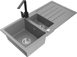 Mexen Andres granite sink 1.5-bowl with drainer and Rita kitchen mixer tap, grey - 6515-71-670300-70