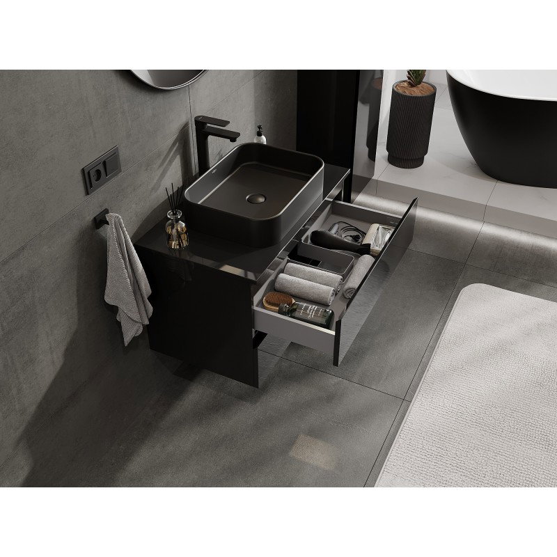 Mexen Orio armoire de salle de bain sous-lavabo 80 cm avec plan, 2 tiroirs, noir brillant - 91A10-08047-2-BFFC70