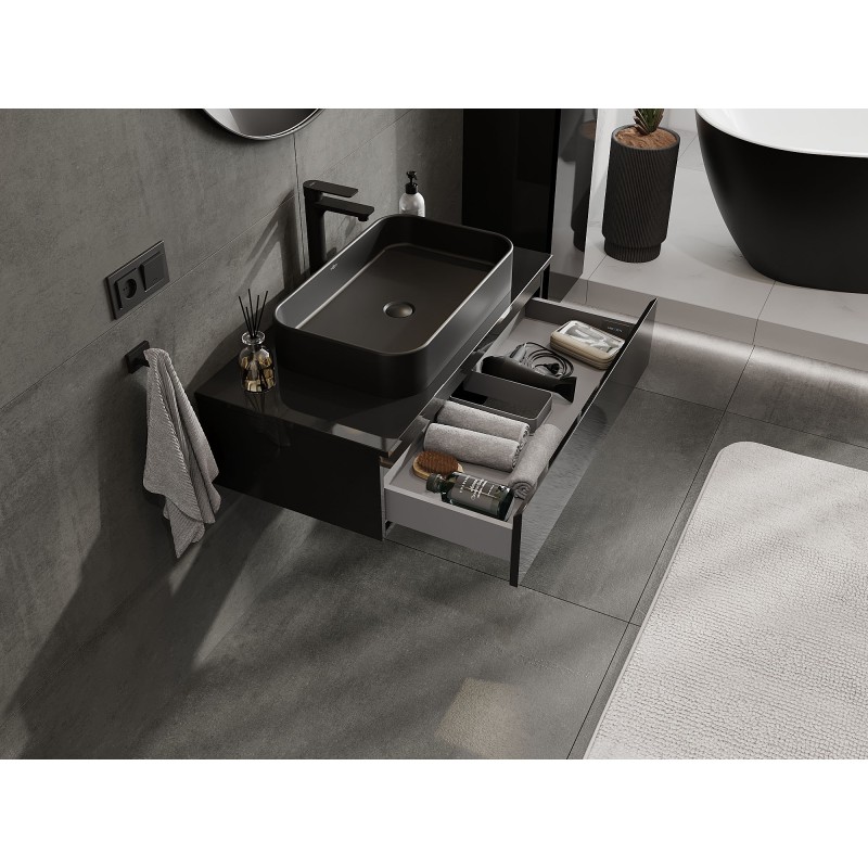 Mexen Orio Badezimmerschrank unter dem Waschbecken 90 cm mit Arbeitsplatte, 1 Schublade, schwarz glänzend - 91A10-09023-1-BFC70