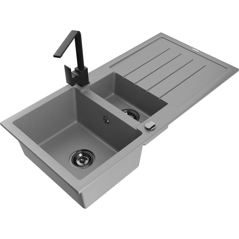 Mexen Andres granieten spoelbak 1,5-kamer met afdruiprek en Rita keukenarmatuur, grijs - 6515-71-670300-70-B
